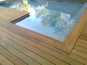 Détail de descente de piscine en béton avec tour en Ipé